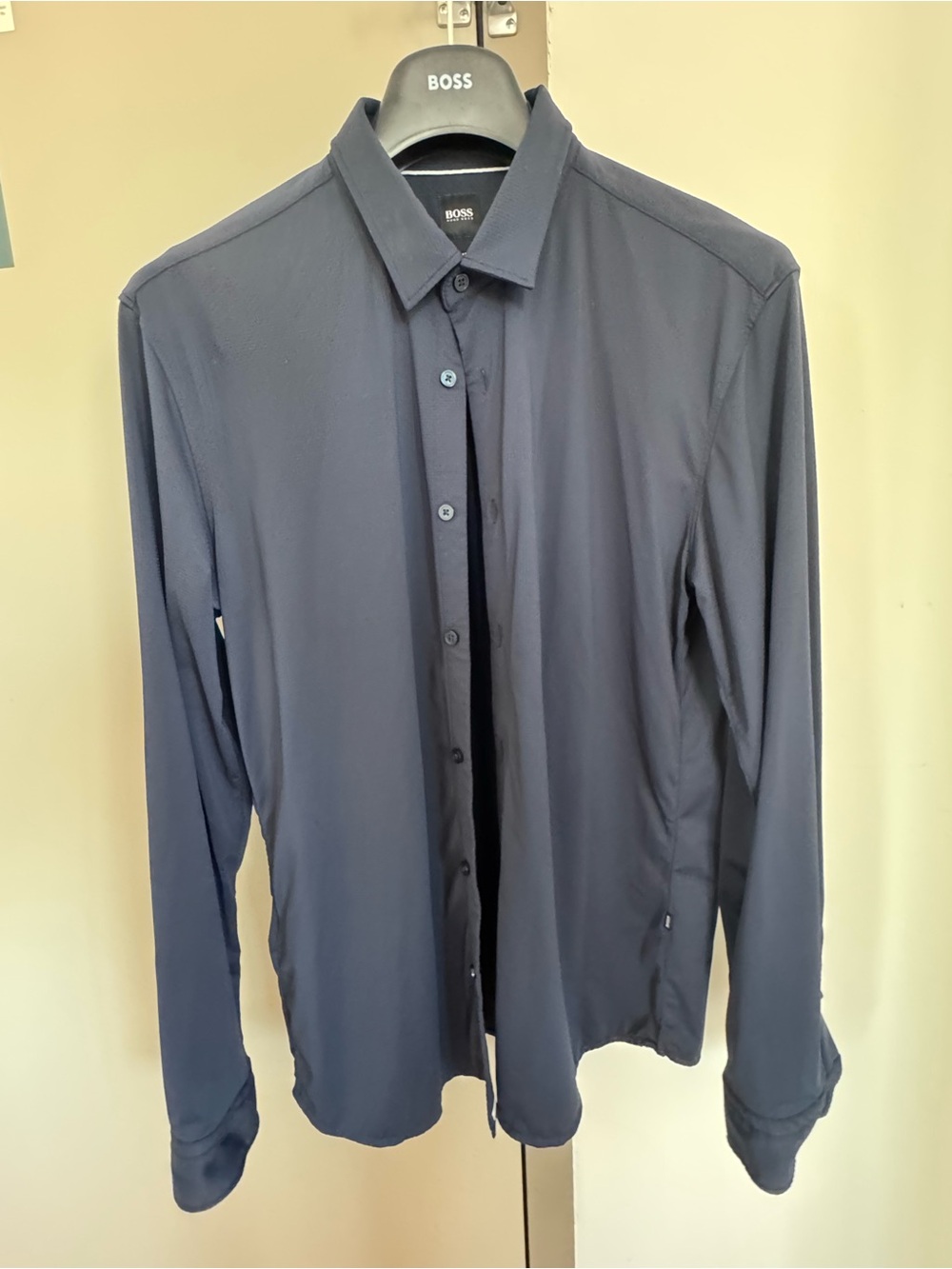 Hugo Boss Navy Blue Long Sleeve Button Performance Fabric Dress Shirt